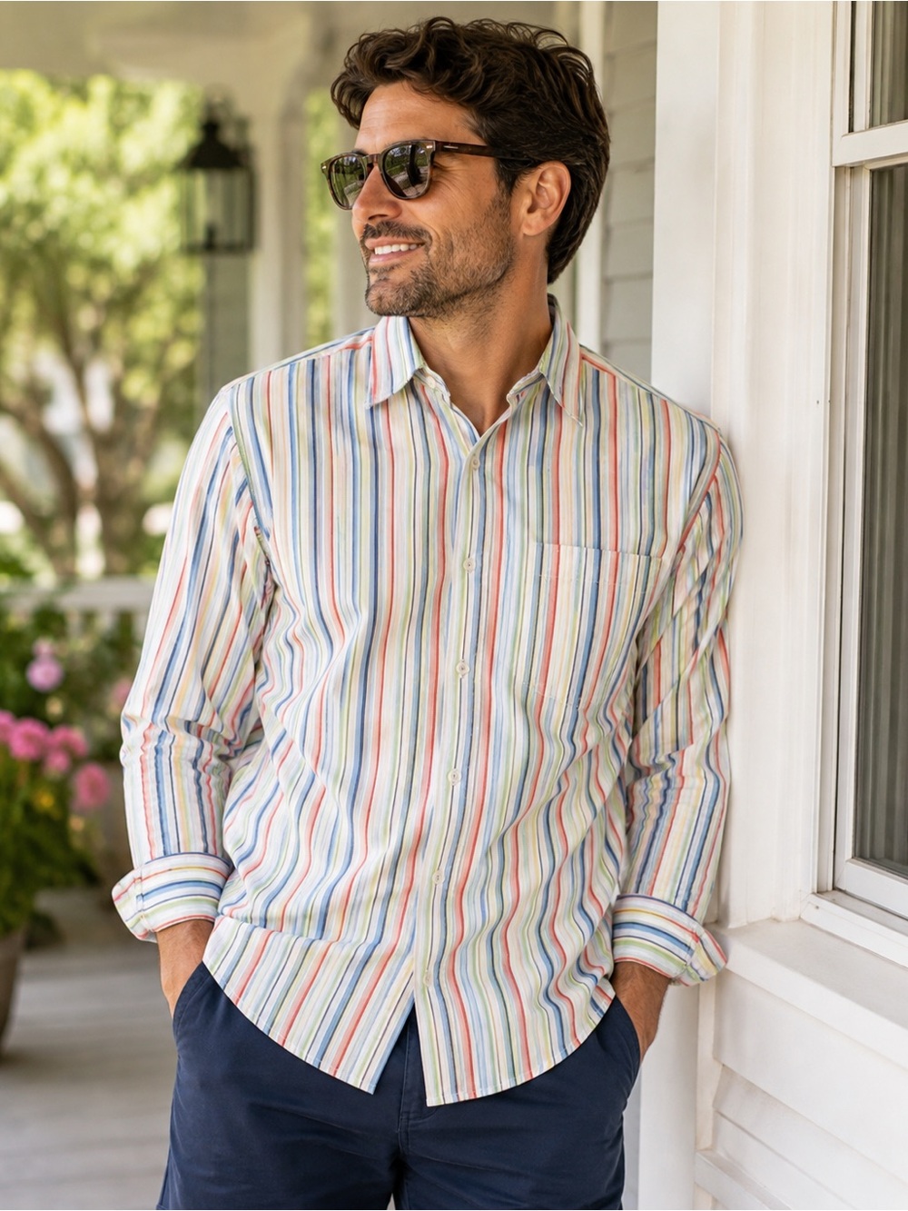 John Ashford Men’s Large Multicolor Striped 100% Cotton Button Down Shirt